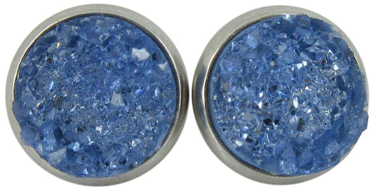 Stainless Steel Glacier Blue Faux Druzy Stone Stud Earrings