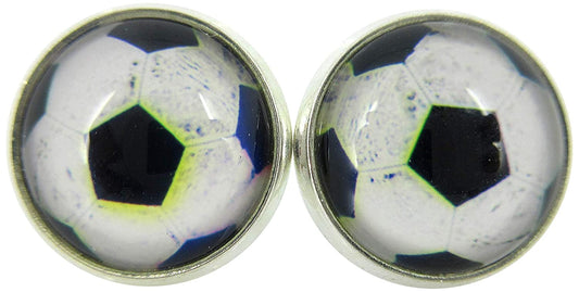 Silver-tone Soccer Ball Print Glass Stud Earrings 12mm