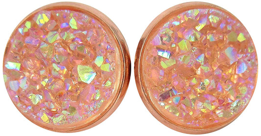 Rose Gold-tone Blush AB Faux Druzy Stone Stud Earrings 12mm