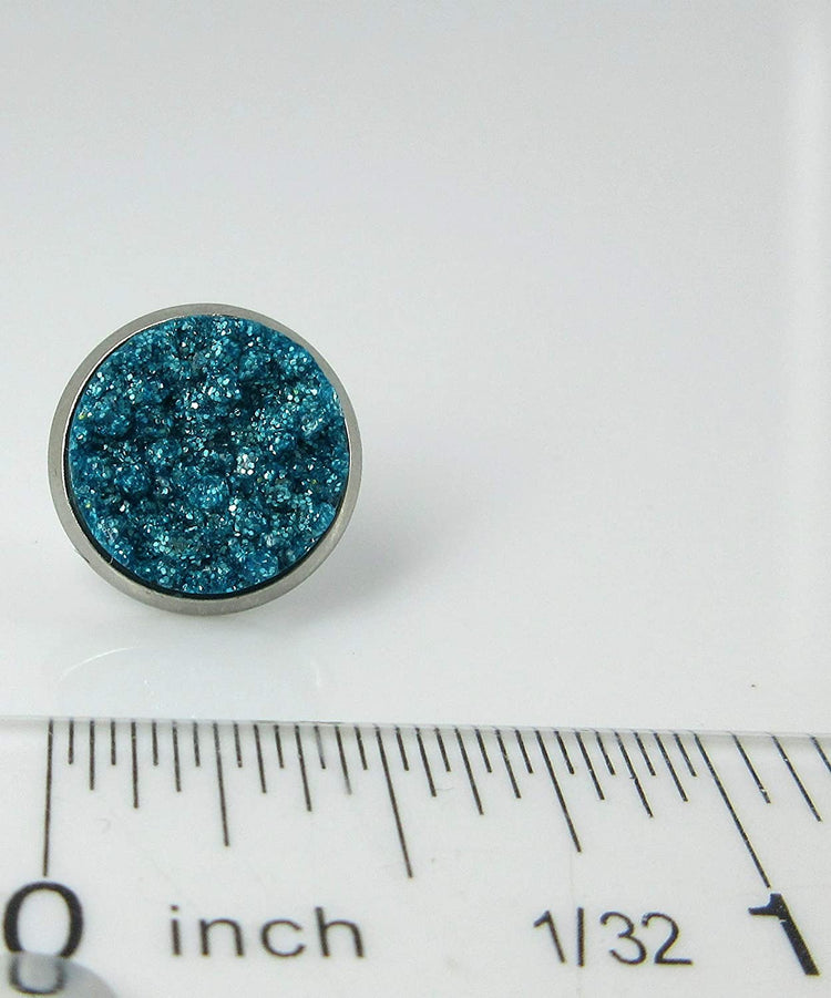 Duo Stud Earrings Stainless Steel Lilac Purple and Aqua Blue Glitter Faux Druzy Stone 12mm Set