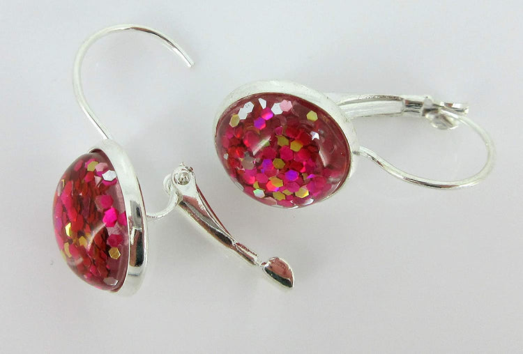 Silver-tone Metallic Glitter Resin Lever-back Drop Earrings 12mm (Pink)