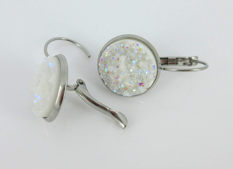 Stainless Steel White AB Faux Druzy Stone Lever-back Drop Earrings 14mm