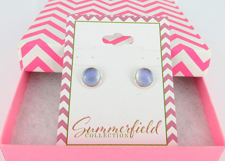 Silver-tone Pastel Purple Color Shift Glitter Glass Stud Earrings Hand-painted 8mm