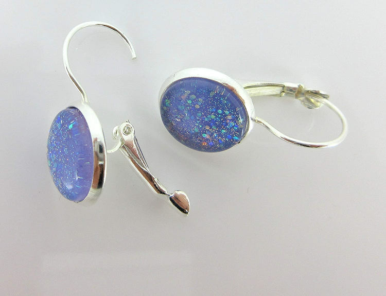 Silver-tone Periwinkle Purple Glitter Glass Lever-back Drop Galaxy Earrings Hand-painted