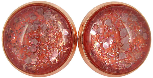Rose Gold-tone Blush Pink Glitter Glass Stud Earrings Hand-painted 12mm