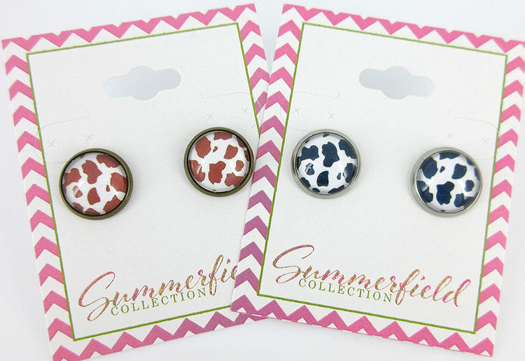 Stainless Steel Black Cow Animal Print Glass Stud Earrings 12mm