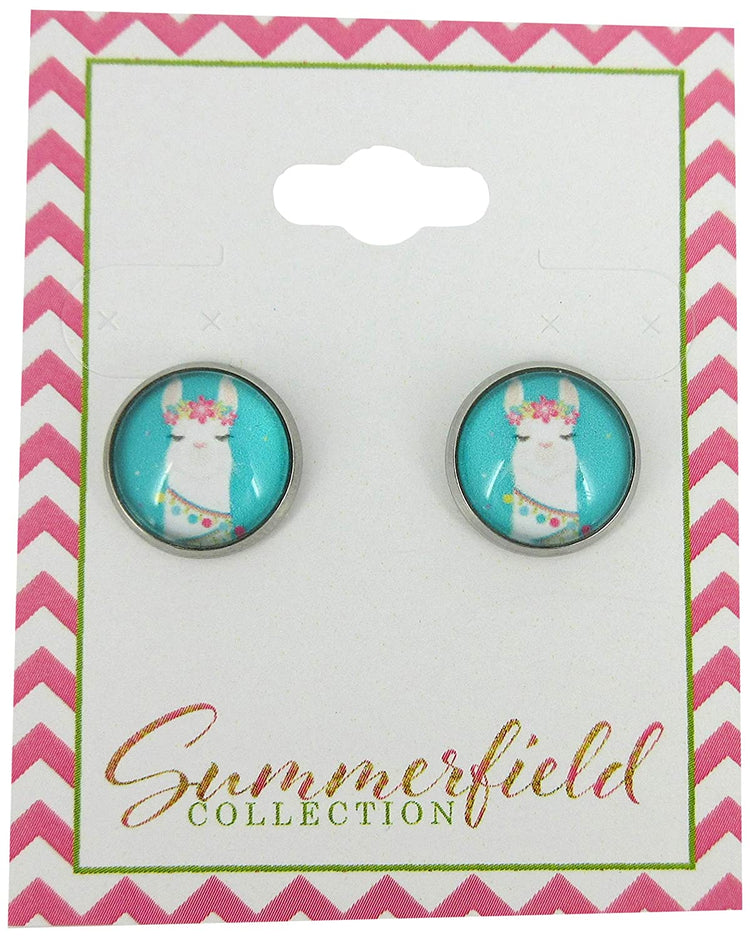 Stainless Steel Teal Llama Head Print Glass Stud Earrings 12mm