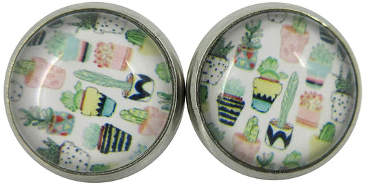Stainless Steel Potted Succulent Print Glass Stud Earrings 12mm