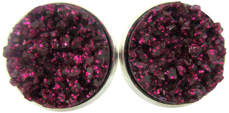 Silver-tone Maroon with Pink Glitter Faux Druzy Stone Stud Earrings (12mm)