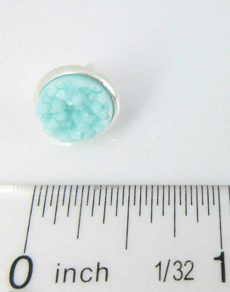 Silver-tone Faux Druzy Stone Stud Earrings 10mm (Lt Aqua Blue)
