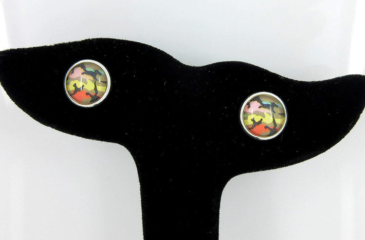 Silver-tone Rainbow Camo Print Glass Stud Earrings 10mm
