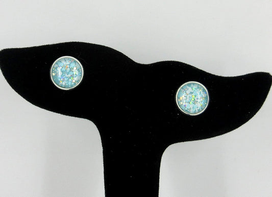 Silver-tone Blue and White Glitter Glass Stud Earrings Hand-painted 10mm