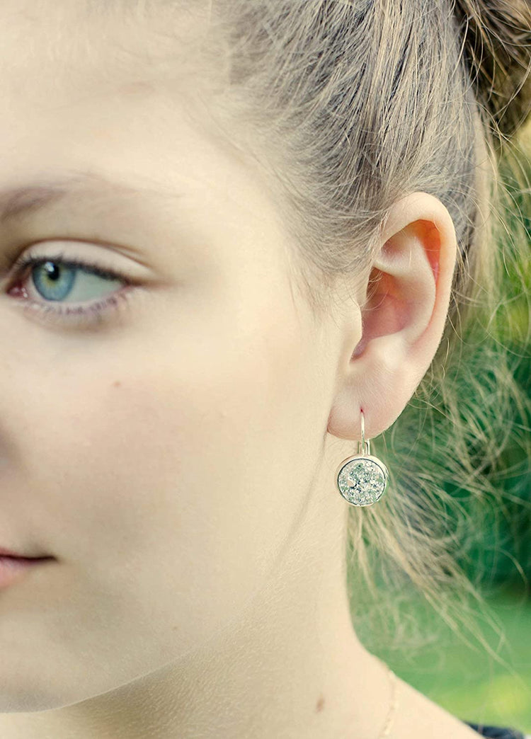 Silver-tone Metallic Faux Druzy Stone Lever-back Drop Earrings 12mm