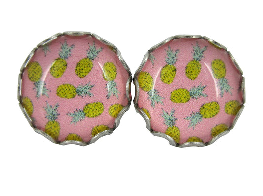 Stainless Steel Pink Pineapple Print Glass Stud Earrings 12mm