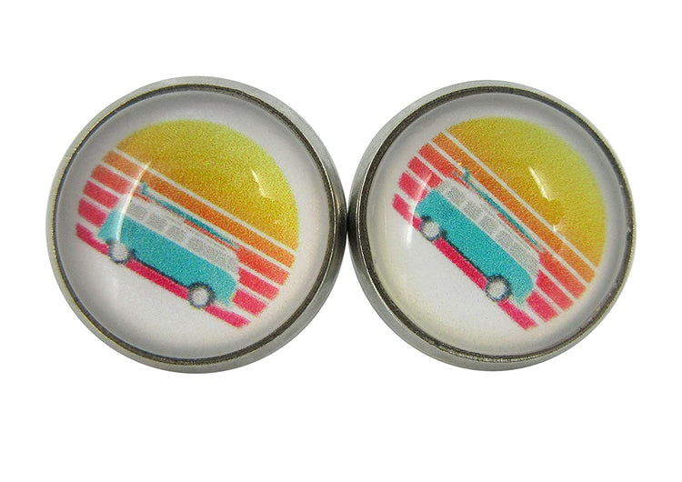 Stainless Steel Vintage Camper Sunset Print Glass Stud Earrings 12mm
