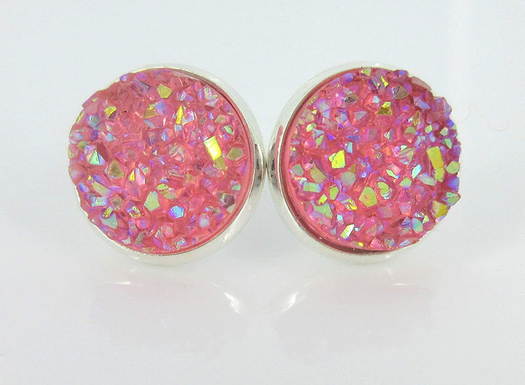 Duo Stud Earrings Silver-tone Pink and Green AB Faux Druzy Stone 12mm Set