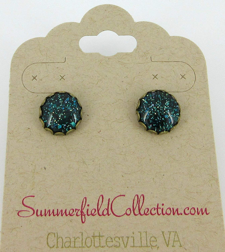 Antiqued Gold-tone Dark Teal Green Glitter Glass Stud Earrings Hand-painted 10mm