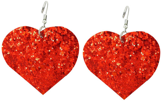 Red Glitter Faux Leather Large Heart Dangle Earrings