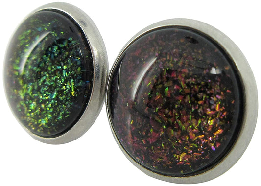 Stainless Steel Black Rainbow Duochrome Glitter Glass Galaxy Stud Earrings 1/2" Round