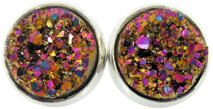Silver-tone Metallic Faux Druzy Stone Stud Earrings 12mm
