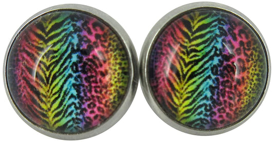 Stainless Steel Rainbow Tiger Animal Print Glass Stud Earrings 12mm