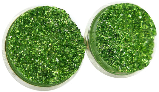 Silver-tone Spring Green Glitter Faux Druzy Stone Stud Earrings 12mm