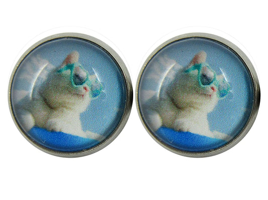 Stainless Steel Cruising Cool Cat in Sunglasses Print Glass Stud Earrings 12mm