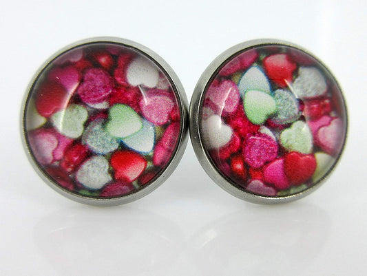 Stainless Steel Heart Print Glass Stud Earrings 12mm