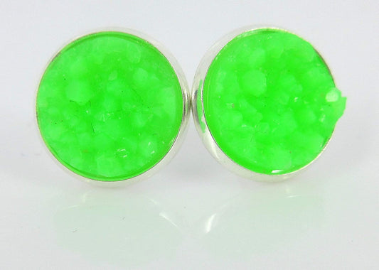 Trio Silver-tone Neon Green Pink Faux Druzy Stone Stud Earrings 12mm Set