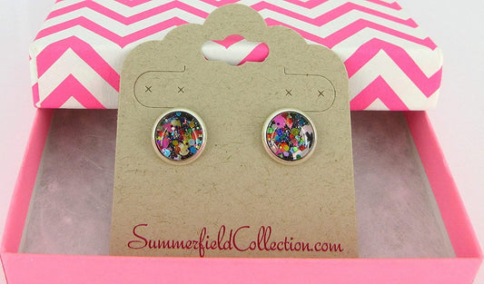 Silver-tone Black and Multi-Color Confetti Glitter Glass Stud Earrings Hand-painted 10mm