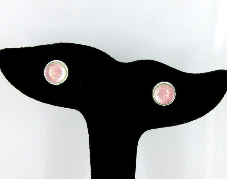 Silver-tone Pink to Green Color Shift Glitter Glass Stud Earrings Hand-painted 8mm