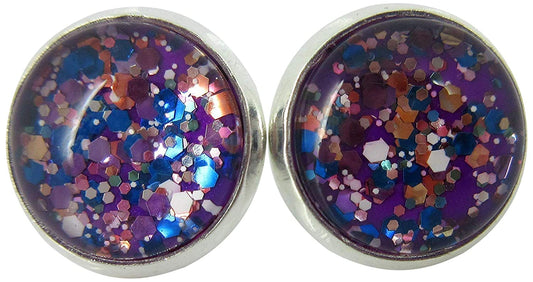Silver-tone Purple and Multi Color Glitter Glass Stud Earrings Hand-painted 12mm