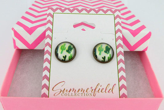 Antiqued Gold-tone Cactus Print Glass Stud Earrings 12mm