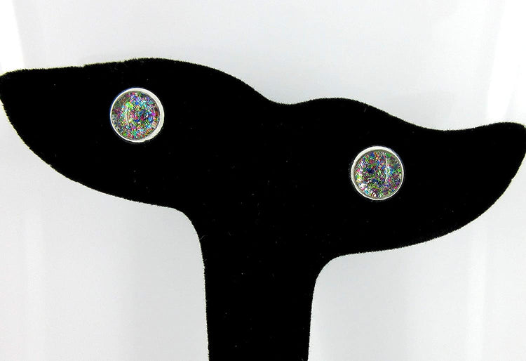 Silver-tone Dark Rainbow Glitter Glass Stud Earrings Hand-painted 8mm