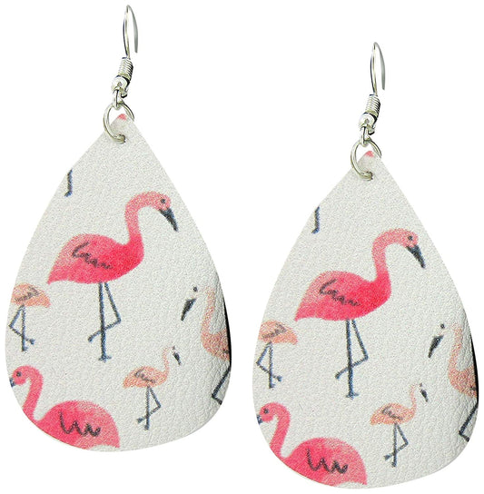 White and Pink Flamingo Faux Leather Large Teardrop Dangle Earrings