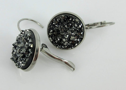 Stainless Steel Gunmetal Gray Faux Druzy Stone Lever-back Drop Earrings 14mm