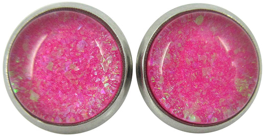 Stainless Steel Hot Pink and Iridescent Glitter Glass Stud Earrings Hand-painted 10mm