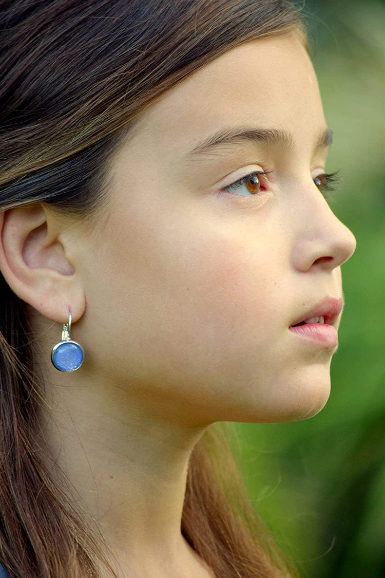 Silver-tone Periwinkle Purple Glitter Glass Lever-back Drop Galaxy Earrings Hand-painted