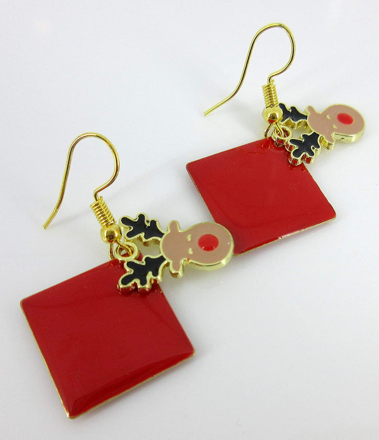 Gold-tone Red Enamel Reindeer Charm Dangle Earrings