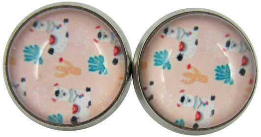 Stainless Steel Pink Llama Print Glass Stud Earrings 12mm