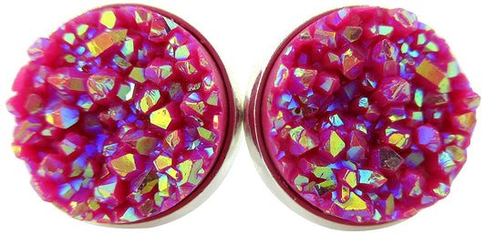Silver-tone Stud Earrings Magenta AB Faux Druzy Stone 12mm