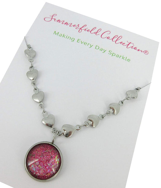 Stainless Steel Heart Chain and Pink Glitter Glass Pendant Necklace