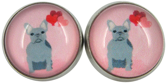 Stainless Steel Pink Gray French Bulldog Hearts Print Glass Stud Earrings 12mm