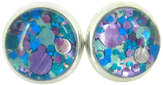 Silver-tone Blue and Purple Glitter Glass Stud Earrings Hand-painted 10mm