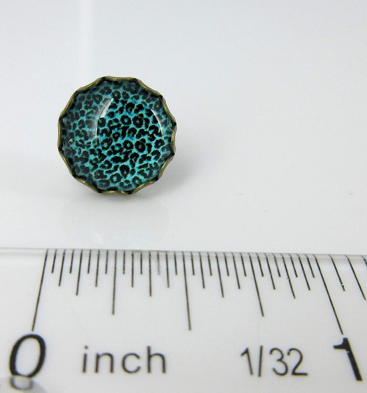 Antiqued Gold-tone Aqua Blue Animal Print Glass Stud Earrings 12mm