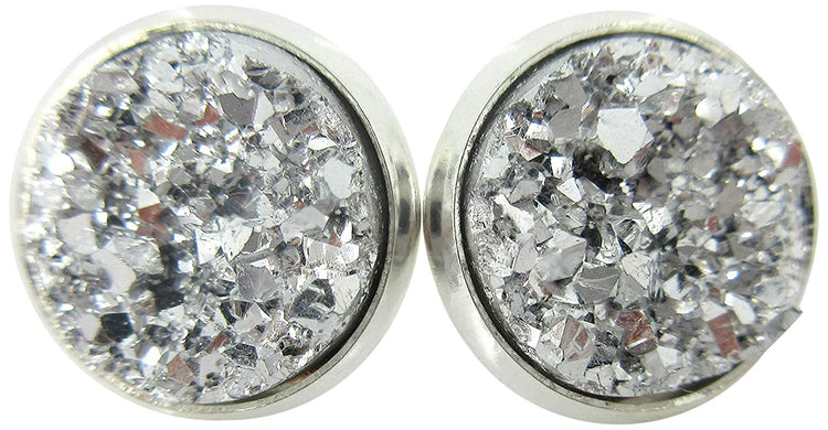 Silver-tone Metallic Faux Druzy Stone Stud Earrings 12mm