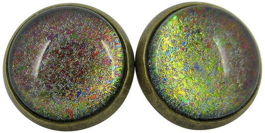 Antiqued Gold-tone Rainbow Color-shifting Glitter Flake Glass Stud Earrings