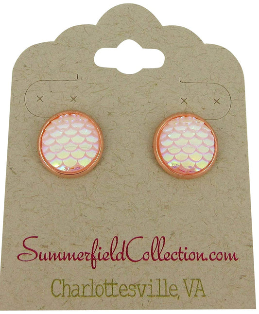 Rose Gold-tone Light Pink White AB Mermaid Scale Stud Earrings 12mm Dragon