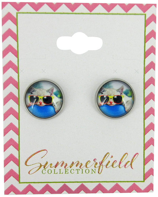 Stainless Steel Cool Cat in Sunglasses Print Glass Stud Earrings 12mm