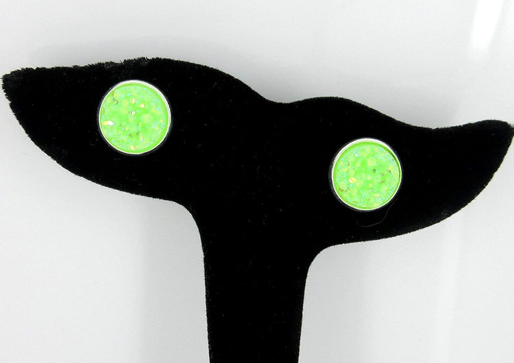 Silver-tone Lime Green AB Faux Druzy Stone Stud Earrings 12mm